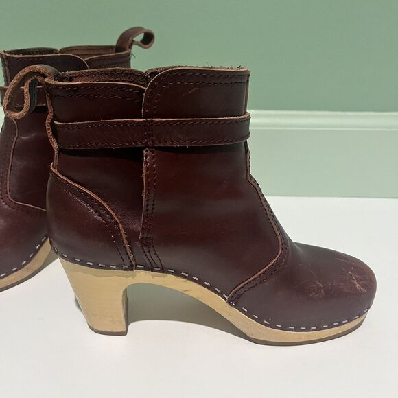 Hasbeens JODHPUR Cherry Brown Leather Clog Wood Heeled Ankle Boots Size 37 FAIR - Picture 2 of 14